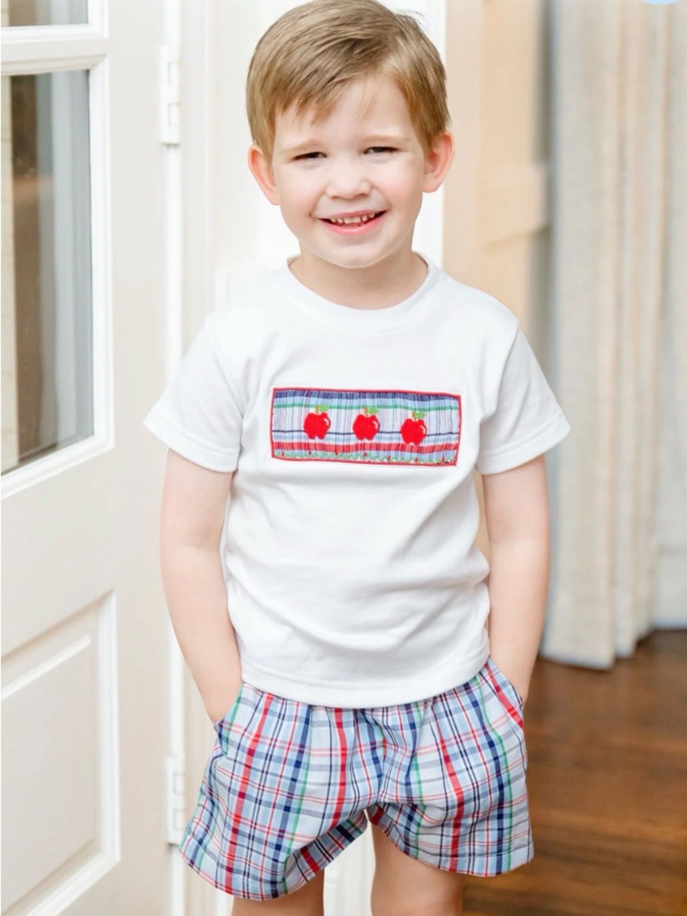 Ruth & Ralph Apple Smocked Tee & Plaid Shorts Set